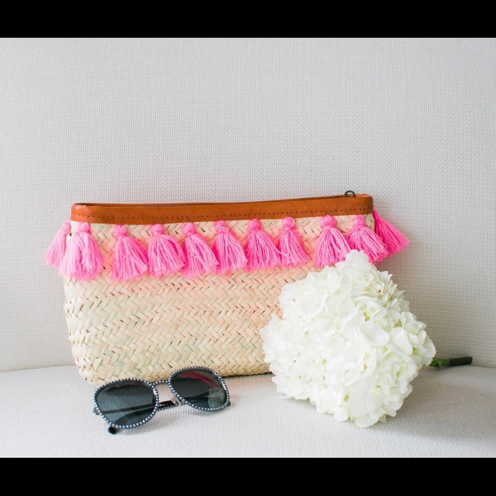 Straw Clutch with Hot Pink Tassels